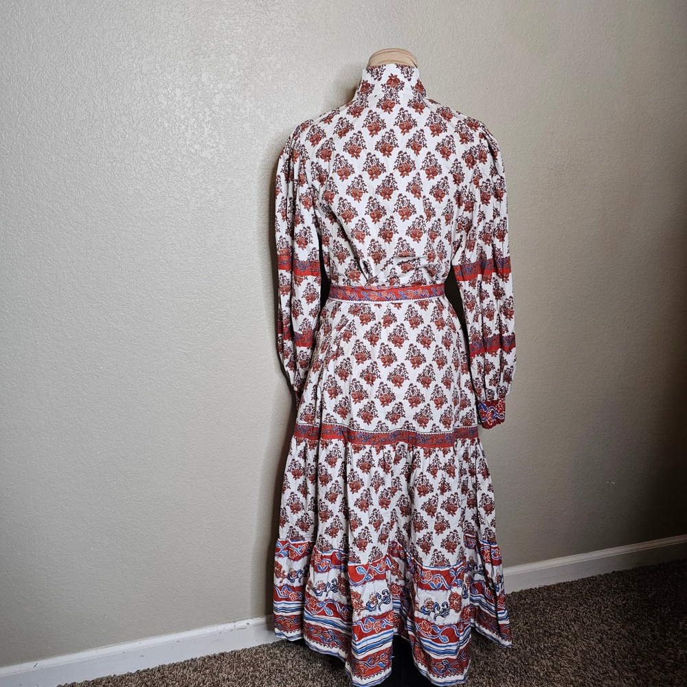 Love Wednesday Savanna BlockPrint Midi Dress Orange Ivory Blue Medium cotton - Picture 8 of 13